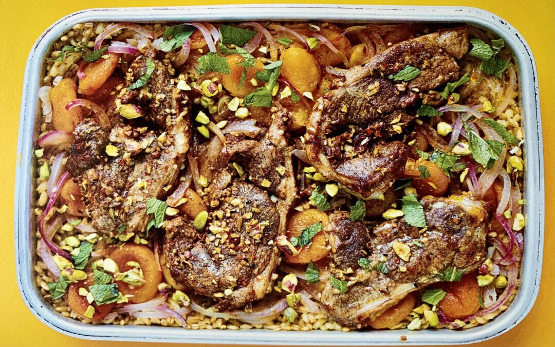 Recipes – Roast lamb with apricots, pistachios, mint and pearl barley
