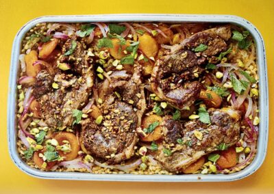 Recipes – Roast lamb with apricots, pistachios, mint and pearl barley